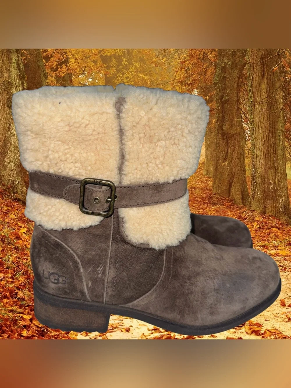 Ugg Blayre II Sheepskin & Suede Espresso Mid Calf Boots, Buckle Side Zip Sz 8.5